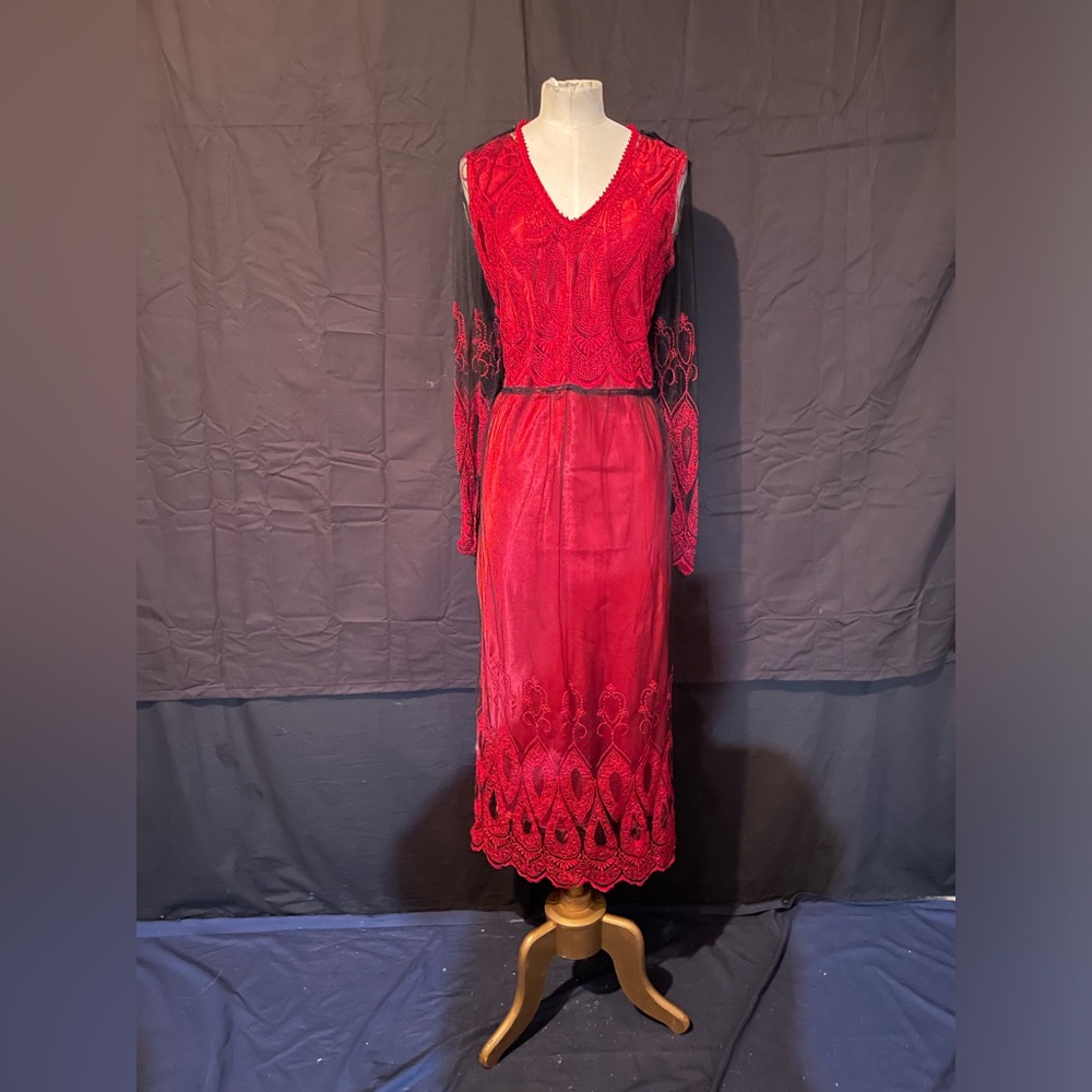 April Cornel, Vintage 90s L Maxi Dress Red Black Lace Flamenco Embroidered NWT
